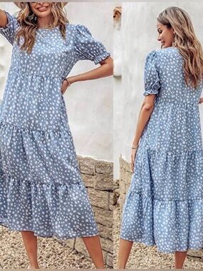 Pretty Garden Tier Dress Blue White Polka Dot Size S